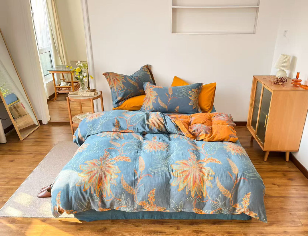 Vintage Floral Cotton Gauze Bedding Set - Blue - King - image 0