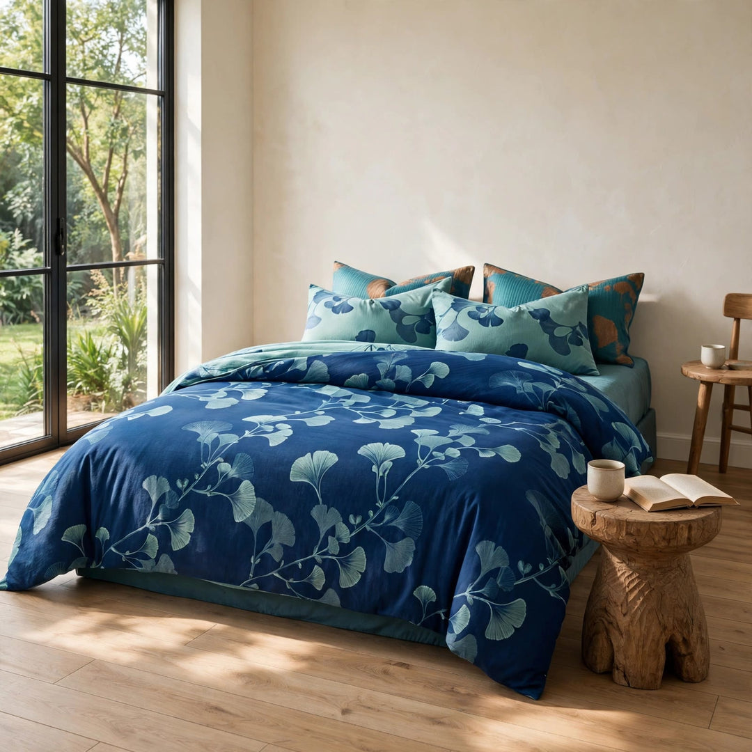 Vintage Ginkgo Leaf Cotton Bedding Set - Blue - King - image 0