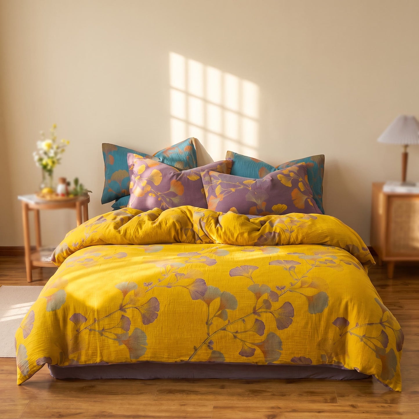 Vintage Ginkgo Leaf Cotton Bedding Set - Yellow - King - image 7