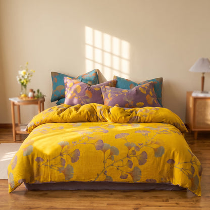 Vintage Ginkgo Leaf Cotton Bedding Set - Yellow - King - image 7