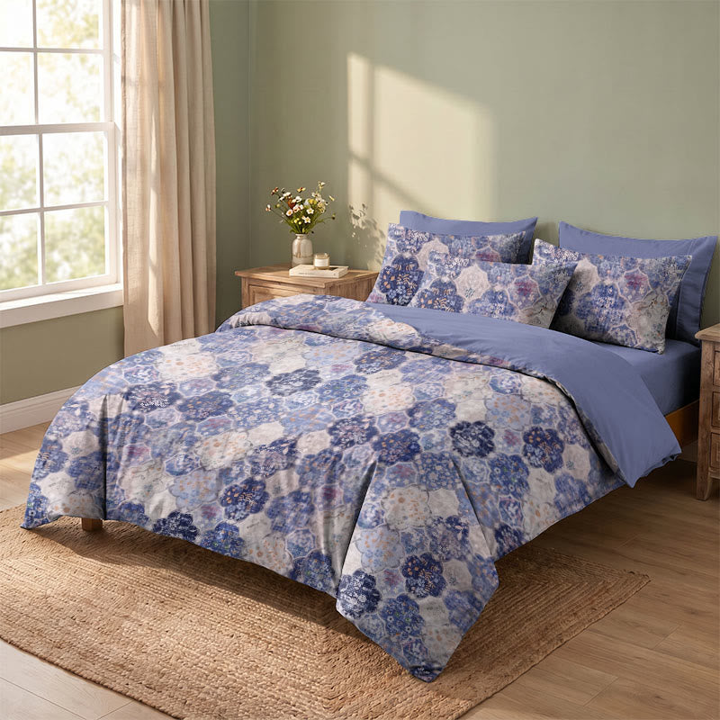 Blue Mosaic Floral Cotton Gauze Bedding Set - image 0