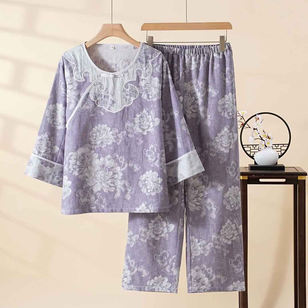 Vintage Peony Cotton Gauze Jacquard Loungewear Set - Purple - XXL - image 0