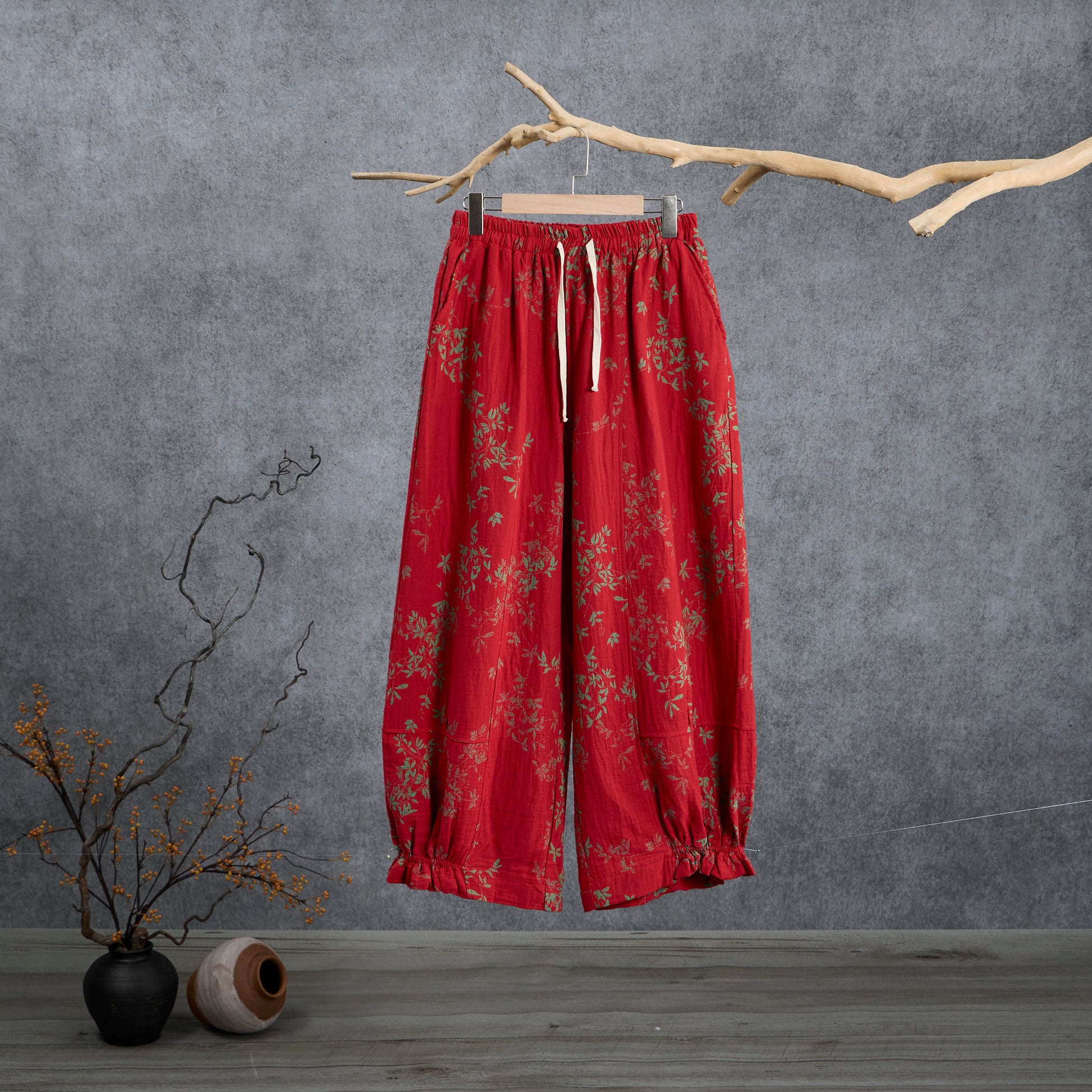 Red Floral Cotton Loungewear Pants - Red - XL - image 0