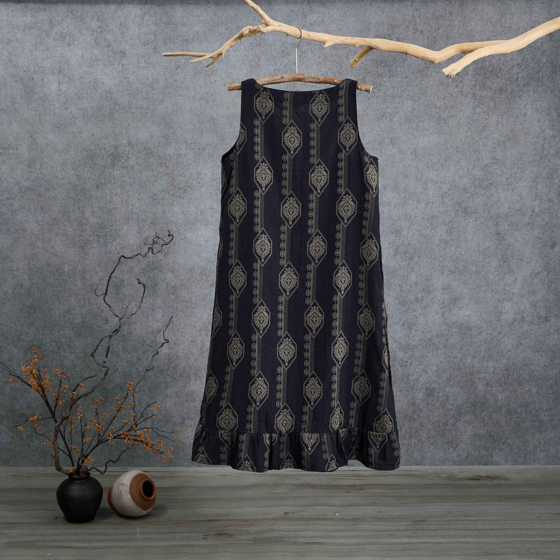 Vintage Navy Blue Geometric Cotton Nightdress - image 1
