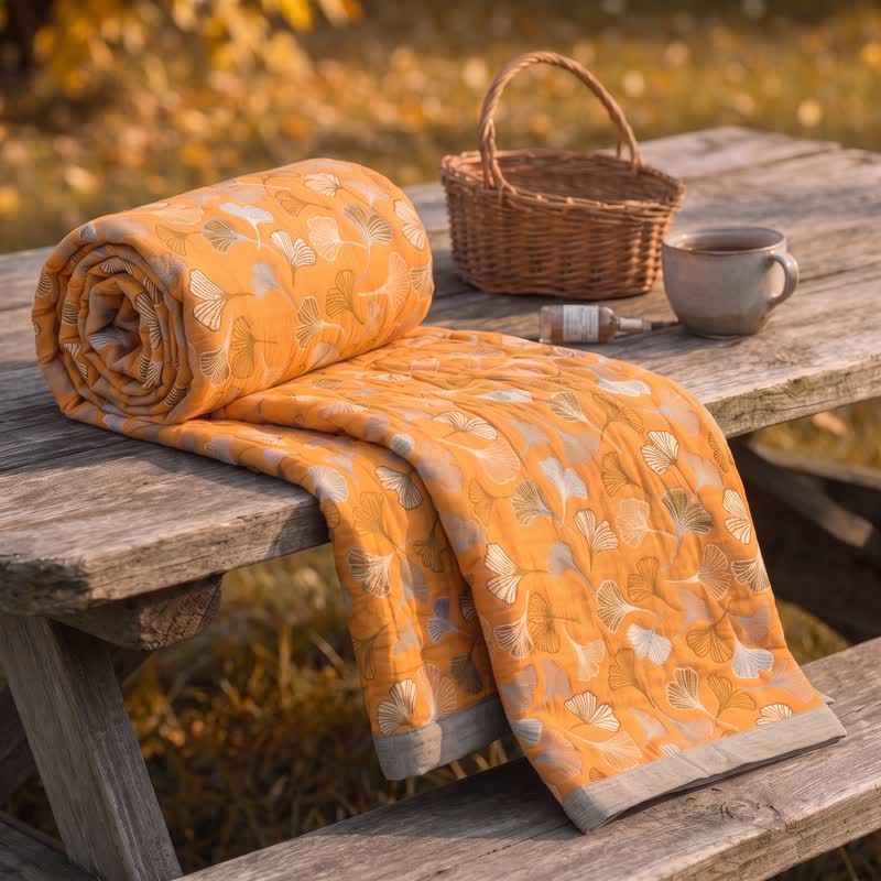 Golden Ginkgo Reversible Cotton Blanket - Orange - 90" x 92" - image 0