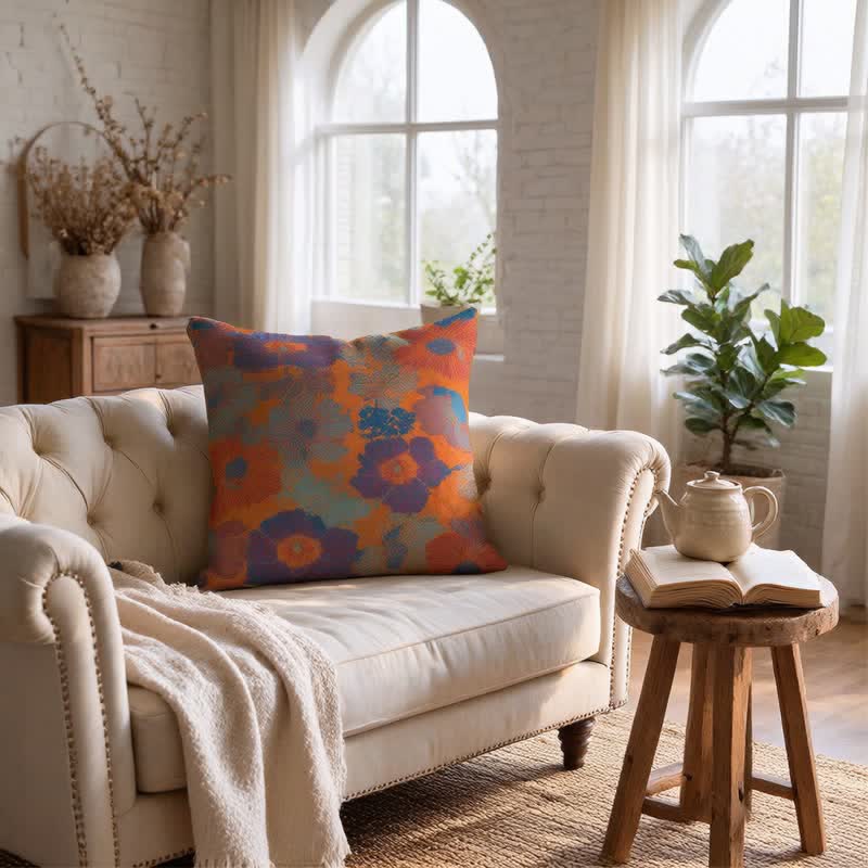 Vintage Boho Floral Cotton Throw Pillow - Orange - Cover Only - 18" x 18" - image 0