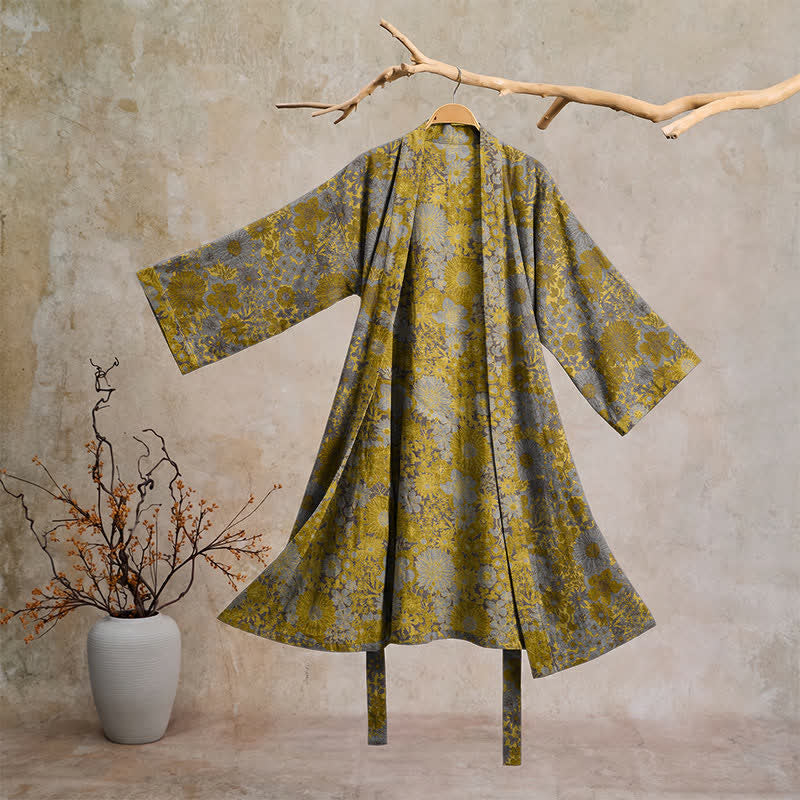 Retro Muted Floral Cotton Lounge Robe - Light gray - 2XL - image 0