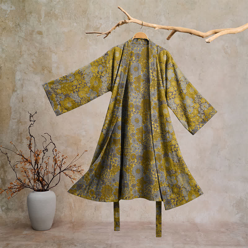 Retro Muted Floral Cotton Lounge Robe - Light gray - 2XL - image 0