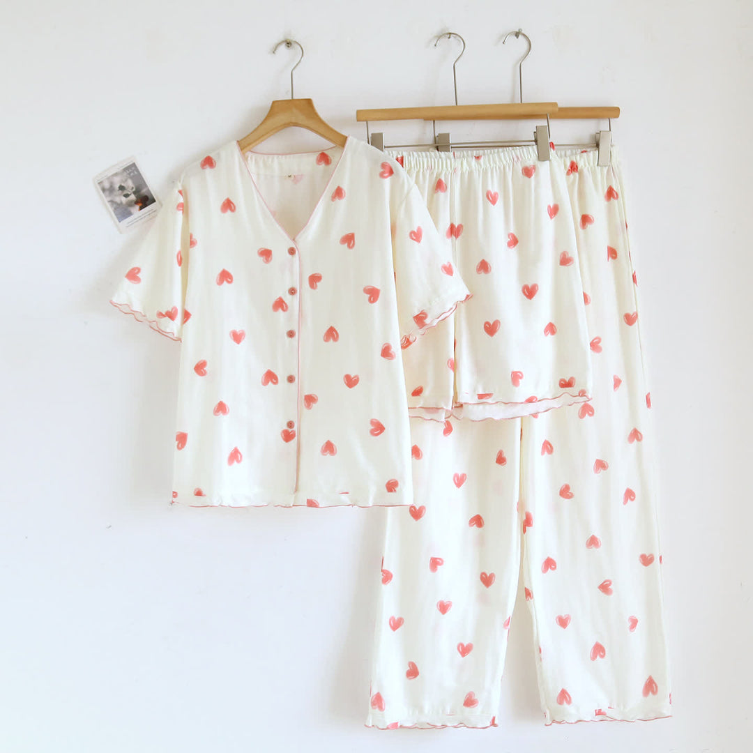 Heart Print Cotton Gauze Loungewear Set（3pcs） - pink&white - XL - image 0