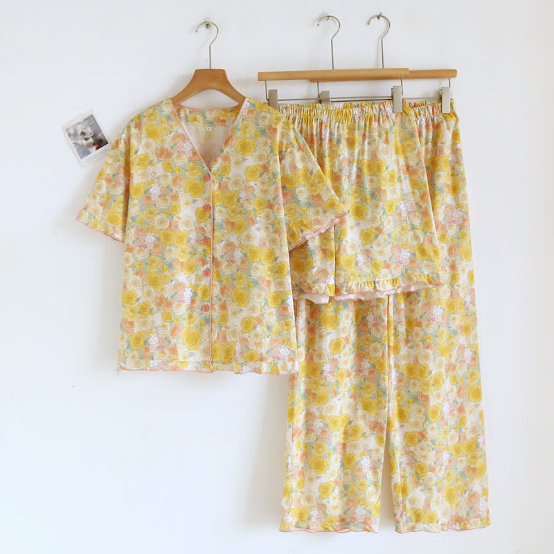 Yellow Rose Cotton 3pcs Loungewear Set - Yellow - XL - image 0