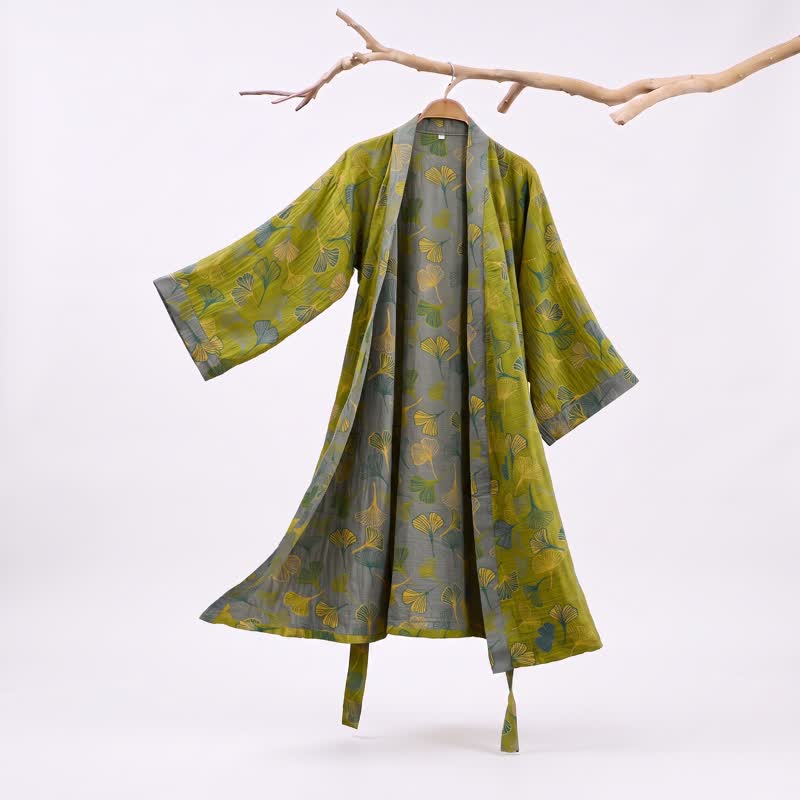 Green Gray Ginkgo Leaf Cotton Kimono Robe - image 0