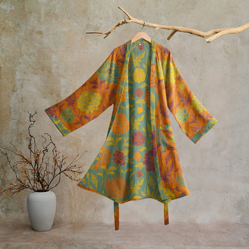 Vintage Floral Cotton Robe - Orange & Teal - XL - image 0