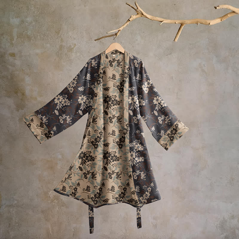 Mocha Floral Cotton Kimono Robe - Brown - L - image 0