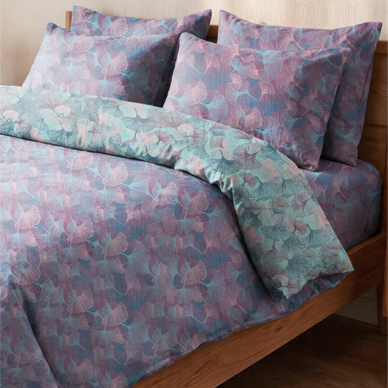 Retro Botanical Ginkgo Leaf Cotton Bedding Set - Purple - King - Bedding Set(4PCS) - image 4