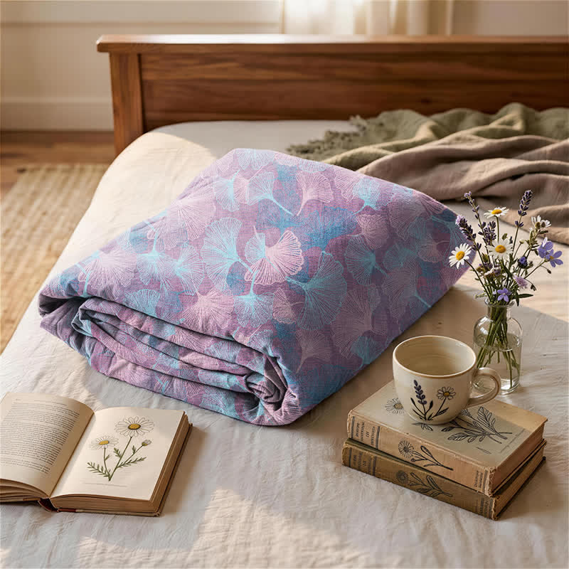 Retro Botanical Ginkgo Leaf Cotton Blanket - Purple - 90" x 92" - image 3