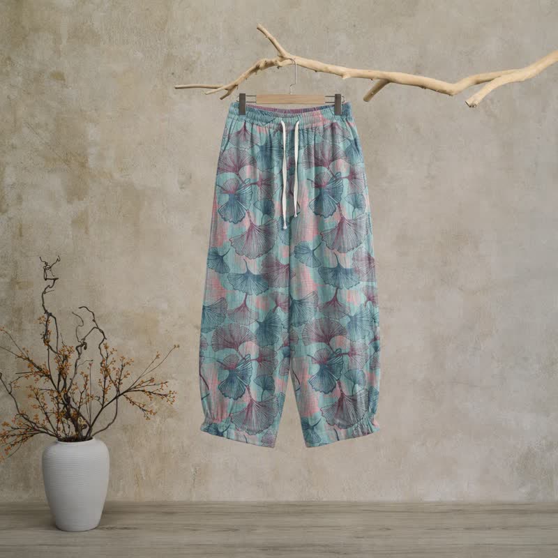 Vintage Ginkgo Leaf Cotton Lounge Pants - Blue - XL - image 0