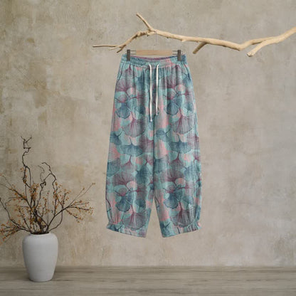 Vintage Ginkgo Leaf Cotton Lounge Pants - Blue - XL - image 0