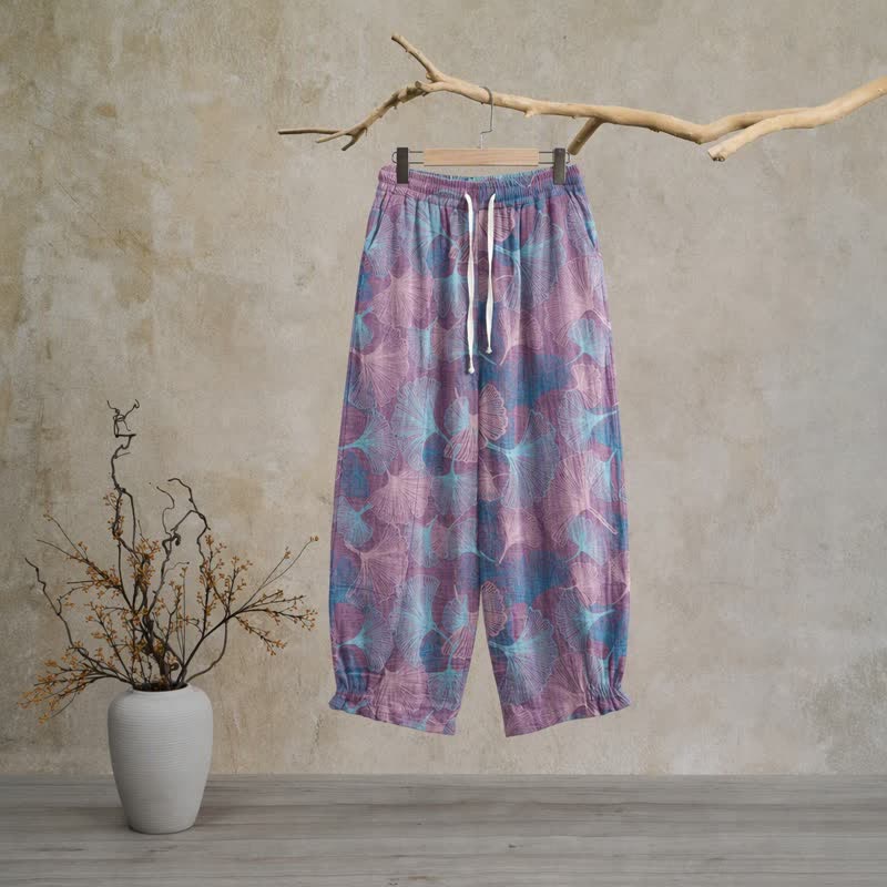 Vintage Ginkgo Leaf Cotton Lounge Pants - Purple - XL - image 5