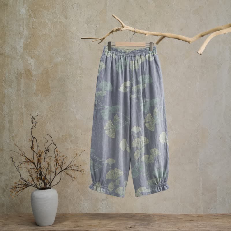 Retro Botanical Ginkgo Leaf Cotton Lounge Pants - image 1
