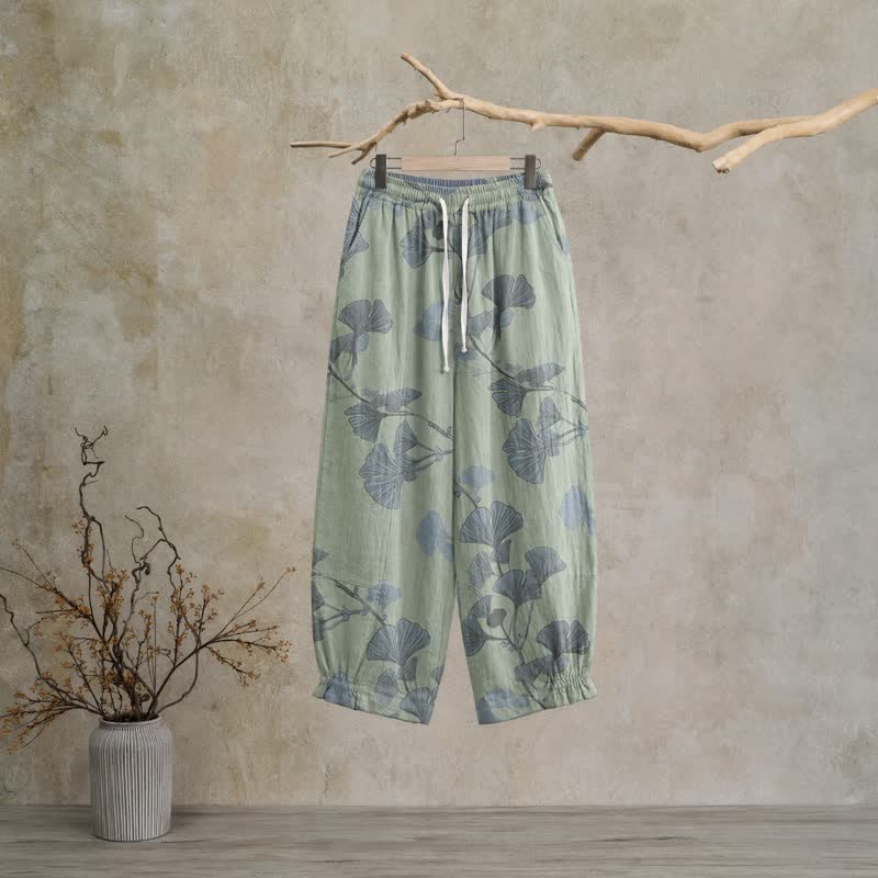 Retro Botanical Ginkgo Leaf Cotton Lounge Pants - Green - XL - image 5