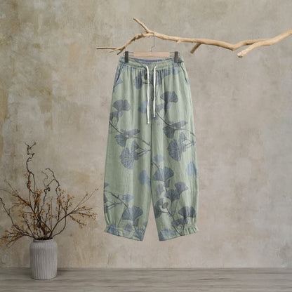 Retro Botanical Ginkgo Leaf Cotton Lounge Pants - Green - XL - image 5