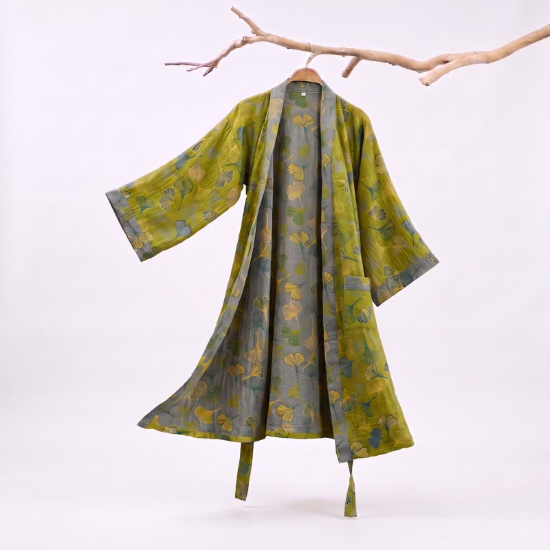 Green Gray Ginkgo Leaf Cotton Kimono Robe - Green - 2XL - image 0