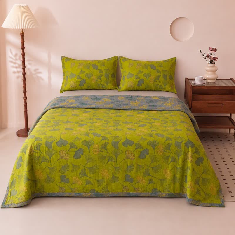 Vintage Green Ginkgo Leaf Cotton Bedspread Set - image 1