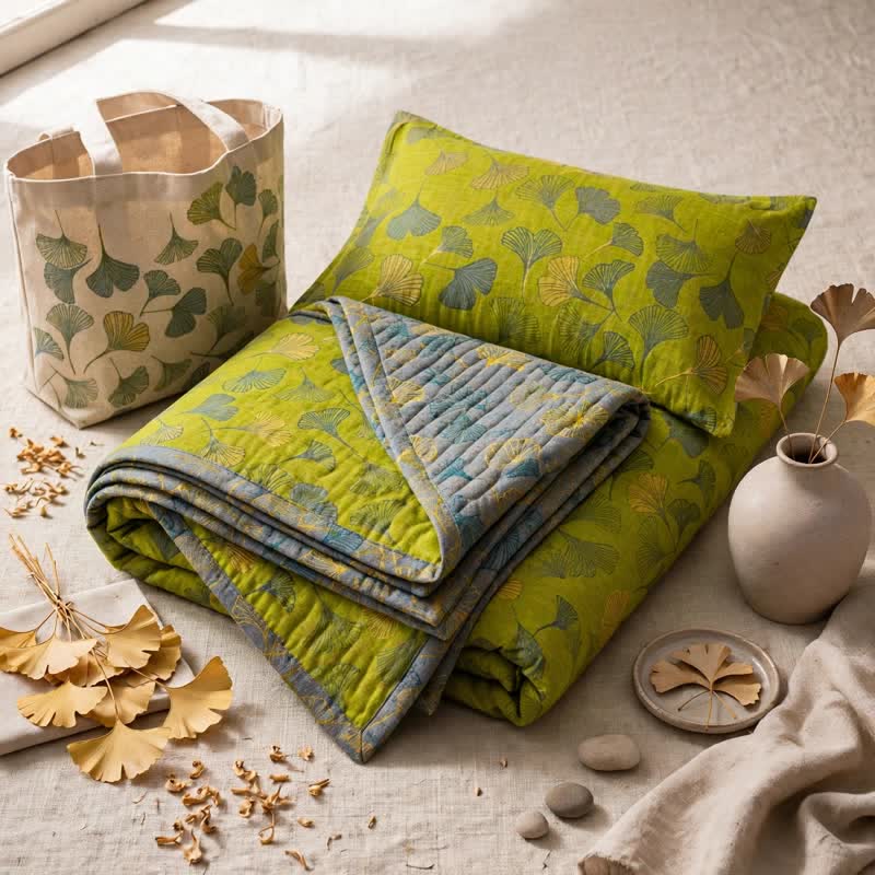 Vintage Green Ginkgo Leaf Cotton Bedspread Set - Green - 2PCS Pillowcases - 40'' x 20'' - image 6