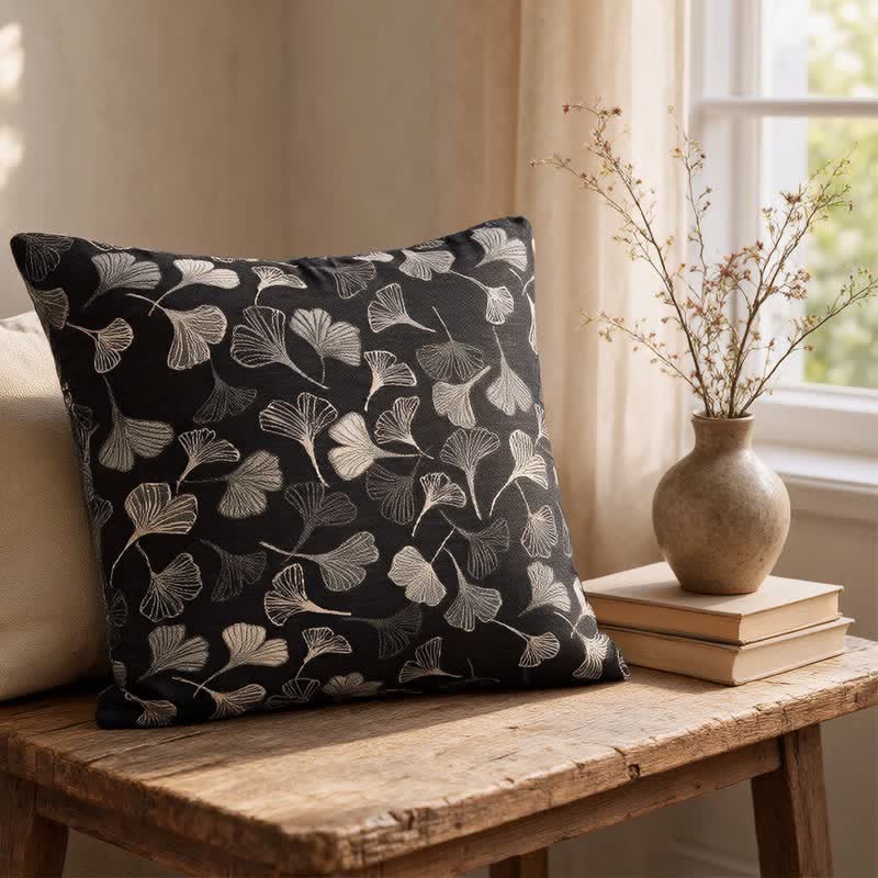 Vintage Black Ginkgo Leaf Throw Pillow - image 1