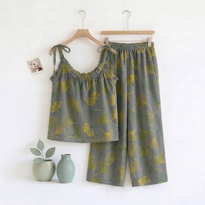Retro Botanical Ginkgo Leaf Cotton Cami Loungewear Set - Gray - XL - image 7