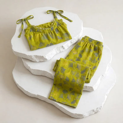 Retro Botanical Ginkgo Leaf Cotton Cami Loungewear Set - image 6