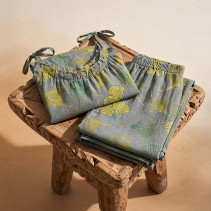 Retro Botanical Ginkgo Leaf Cotton Cami Loungewear Set - image 11