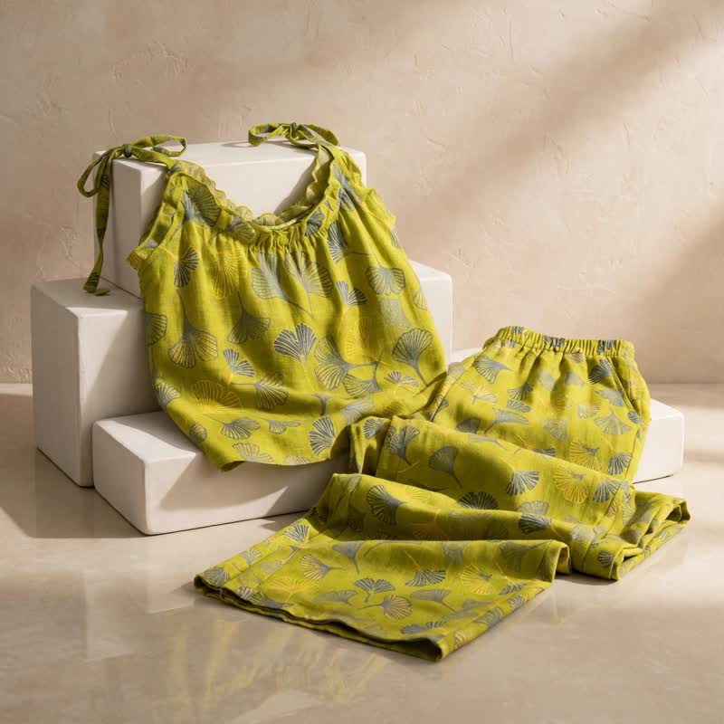 Retro Botanical Ginkgo Leaf Cotton Cami Loungewear Set - image 3