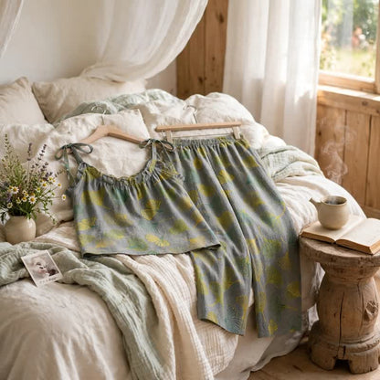 Retro Botanical Ginkgo Leaf Cotton Cami Loungewear Set - image 9