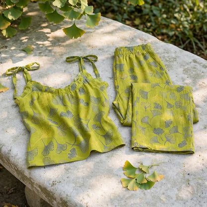 Retro Botanical Ginkgo Leaf Cotton Cami Loungewear Set - image 4