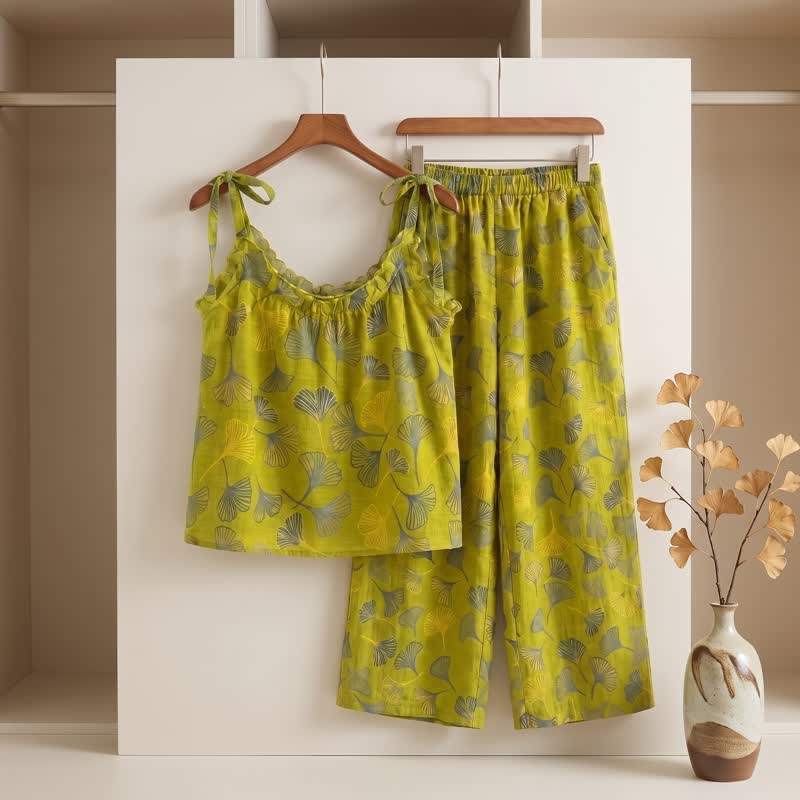 Retro Botanical Ginkgo Leaf Cotton Cami Loungewear Set - image 1