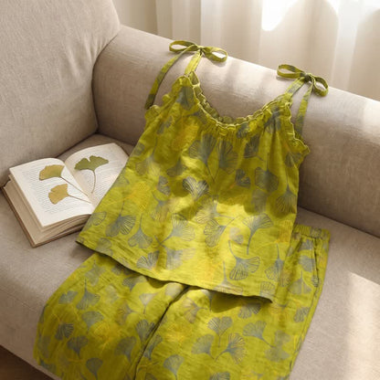 Retro Botanical Ginkgo Leaf Cotton Cami Loungewear Set - image 5