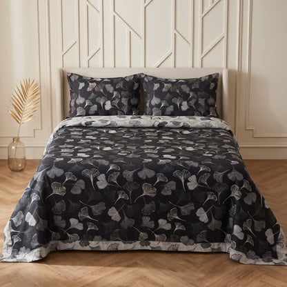 Vintage Black Ginkgo Leaf Reversible Cotton Bedding Set - Black - Bedspread with 2PCS Pillowcases - King - image 0