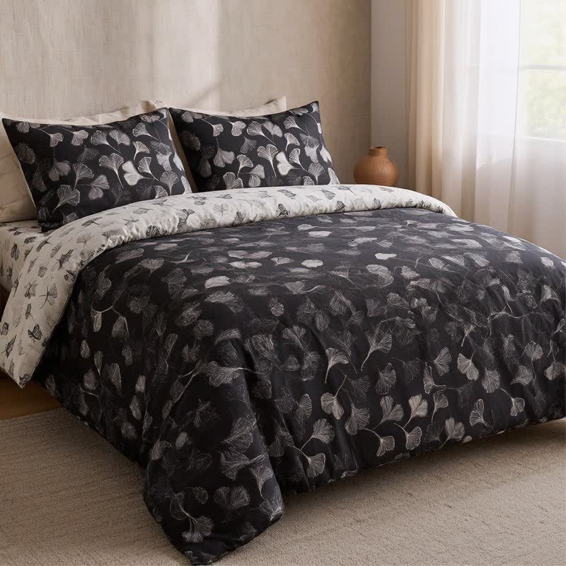 Vintage Black Ginkgo Leaf Reversible Cotton Bedding Set - Black - 2PCS Pillowcases - 20" x 37" - image 1