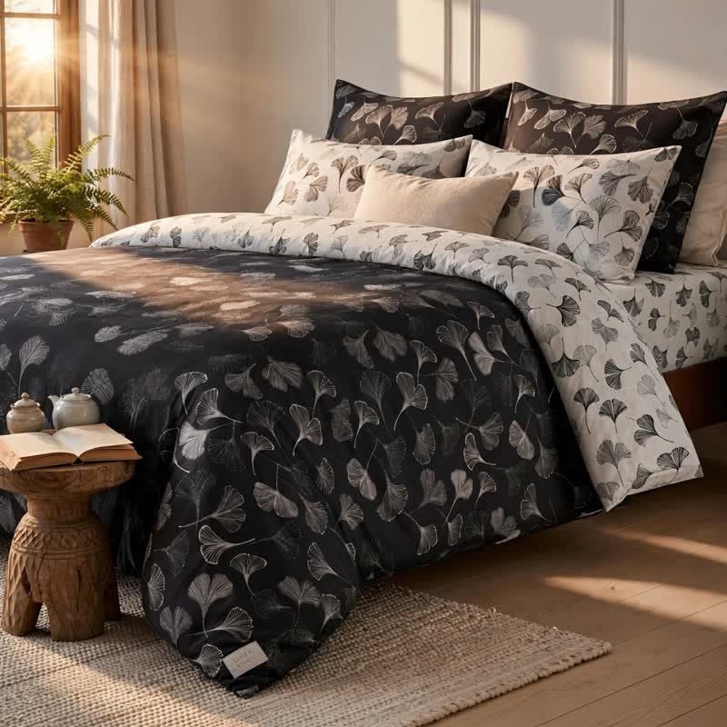 Vintage Black Ginkgo Leaf Reversible Cotton Bedding Set - Black - Bedding Set (4PCS) - King - image 0