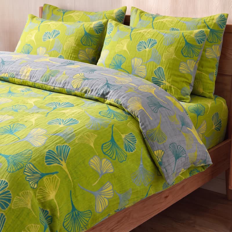 Vintage Green Ginkgo Leaf Cotton Reversible Bedding Set - Green - Bedding Set (4PCS) - King - image 0