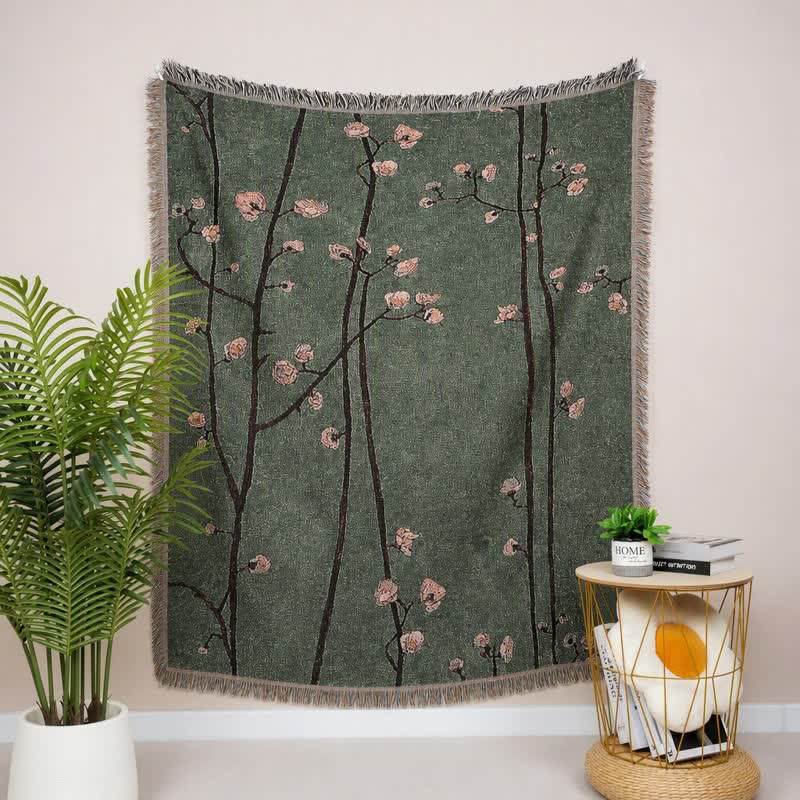 Vintage Green Plum Blossom Tasseled Decorative Throw - 51" x 63" - image 0