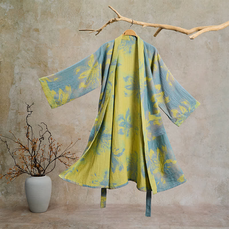 Bohemian Floral Cotton Double Gauze Kimono Robe - Cyan - 2XL - image 0