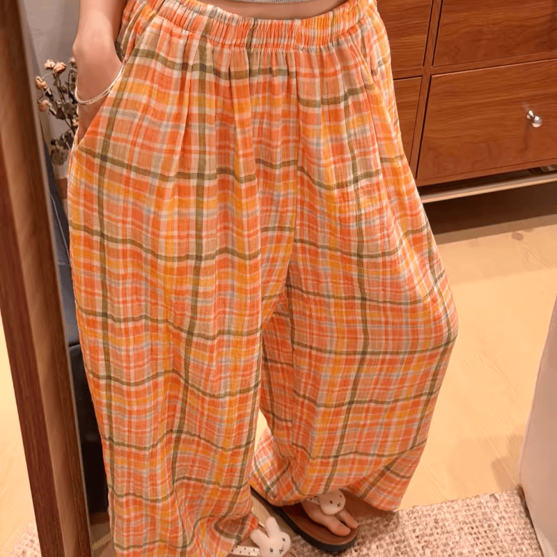 Orange‑Soda Plaid Cotton Gauge Lounge Pants - image 1