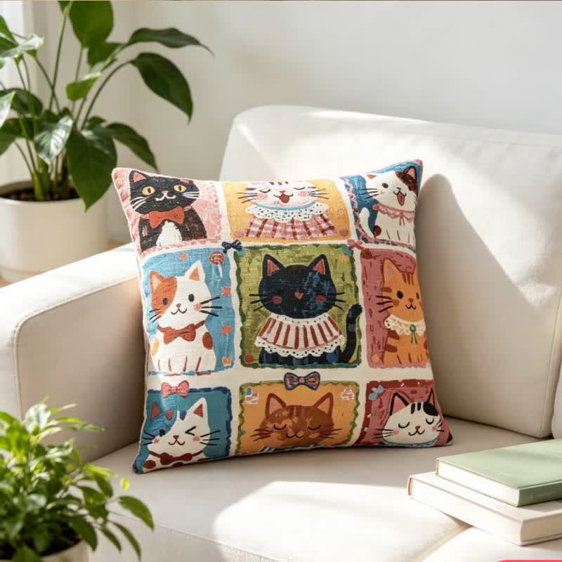 Whimsical Multi‑Kitten Grid Illustration Cotton Pillow - 18" x 18" - With Insert - image 0