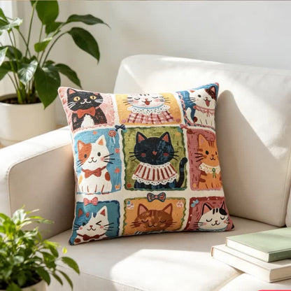 Whimsical Multi‑Kitten Grid Illustration Cotton Pillow - 18" x 18" - With Insert - image 0