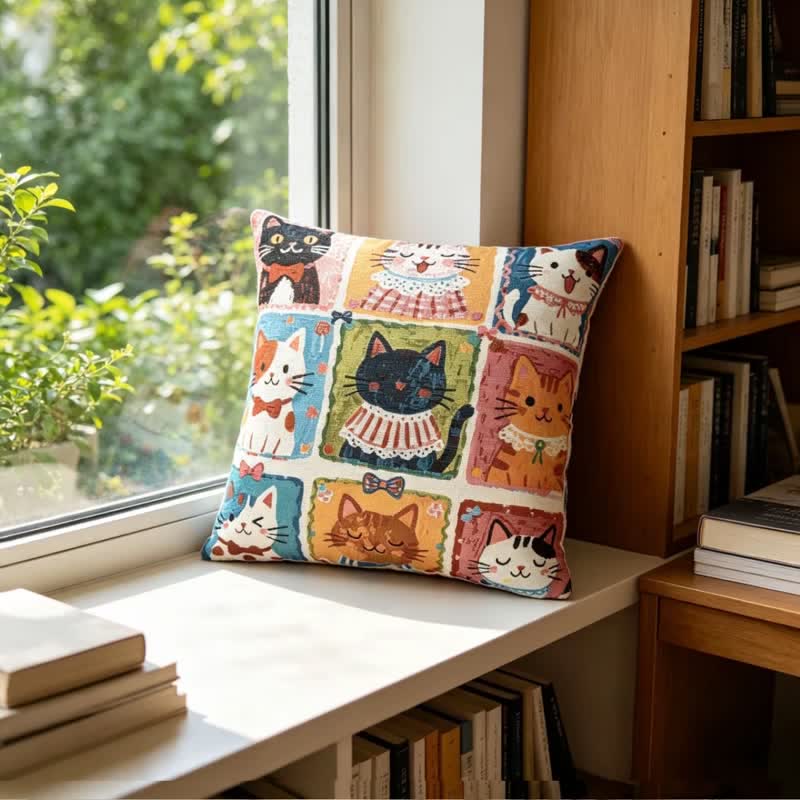 Whimsical Multi‑Kitten Grid Illustration Cotton Pillow - image 3