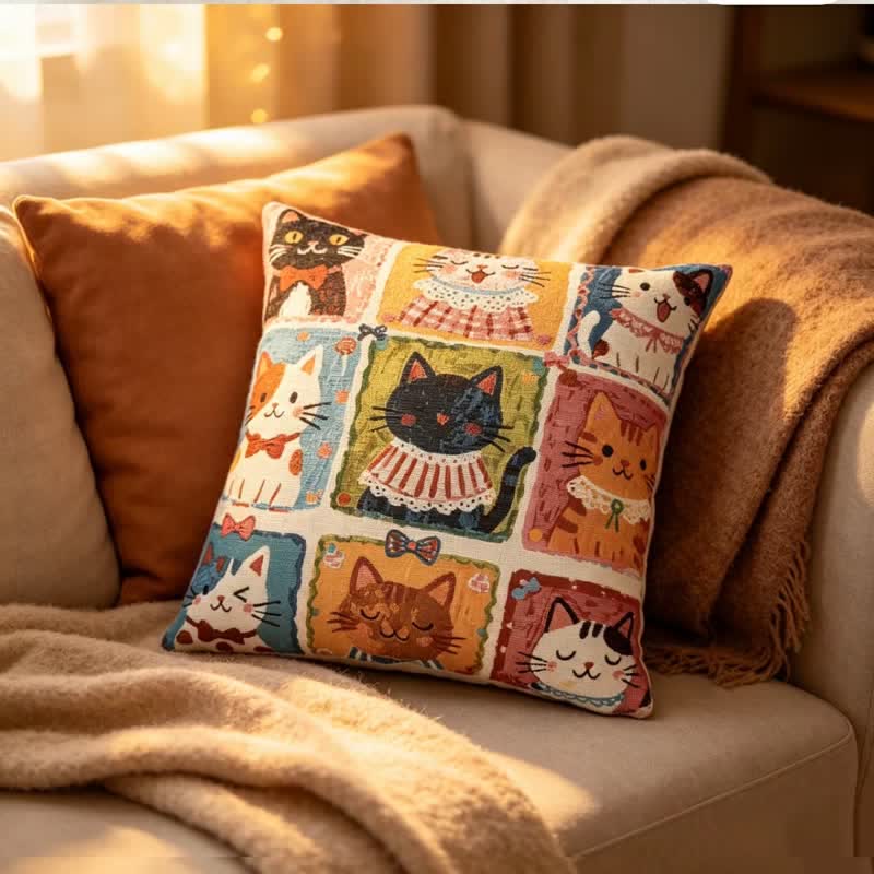 Whimsical Multi‑Kitten Grid Illustration Cotton Pillow - image 4