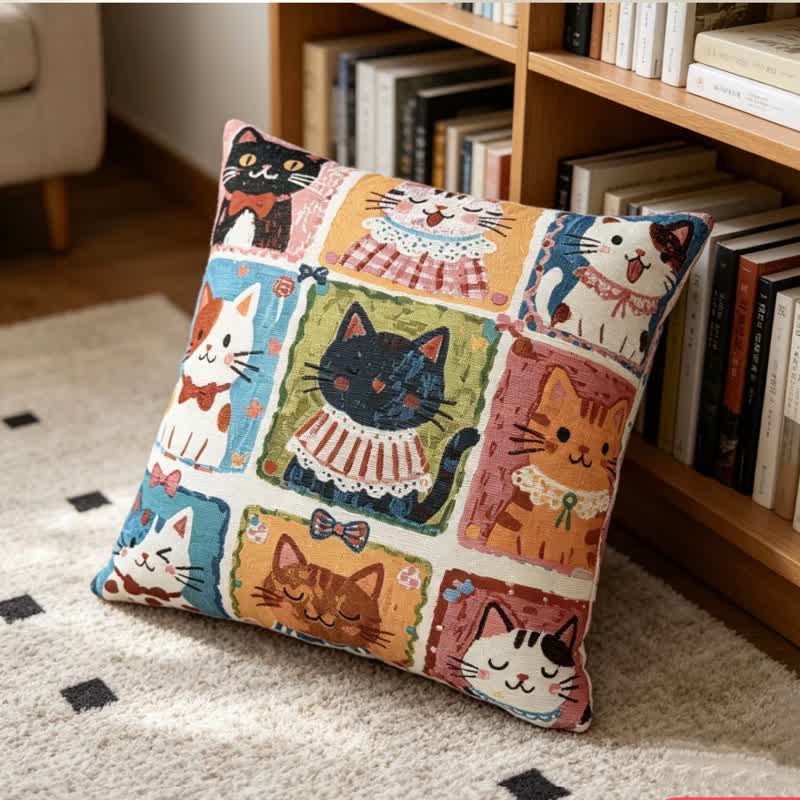Whimsical Multi‑Kitten Grid Illustration Cotton Pillow - image 2
