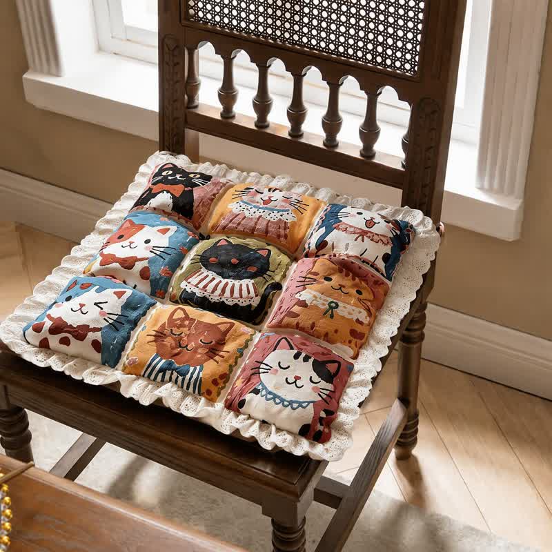Lace‑Trim Grid‑Cat Cotton Chair Cushion - 16" x 16" - image 0